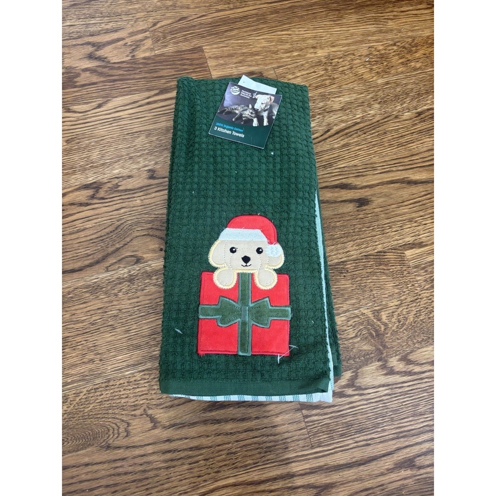 Organic Cotton Kitchen Towels Set Of 3 Green Dog Santa Hat Holiday Christmas New